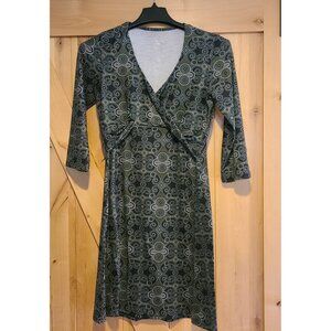 Prana Size S Mini Faux Wrap V Neck Dress Stretch Geometric Green Blue
